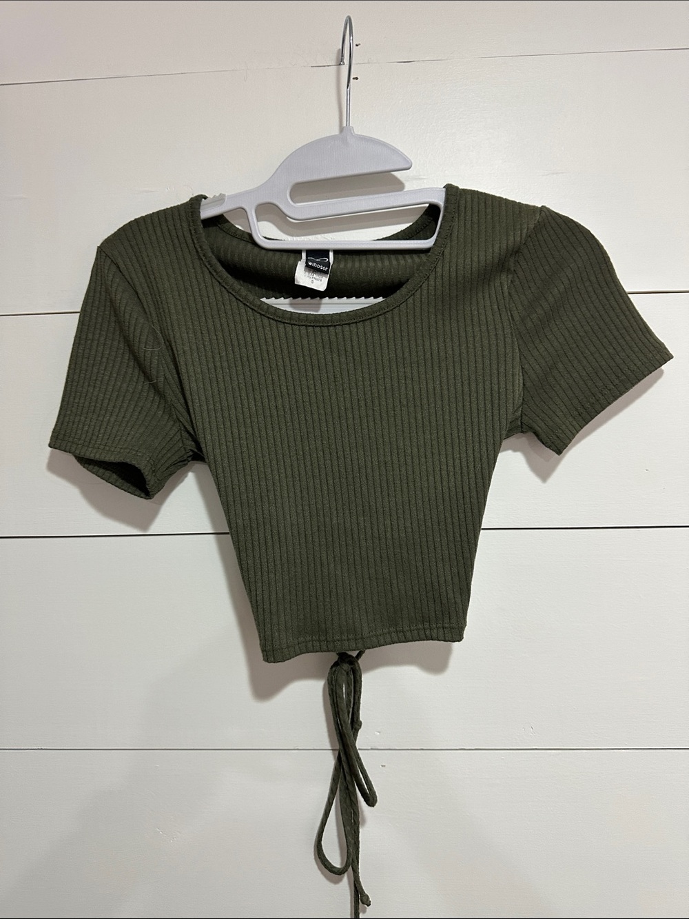 Windsor Women’s Ribbed Crop Top with open lace up back- Olive, Size Small